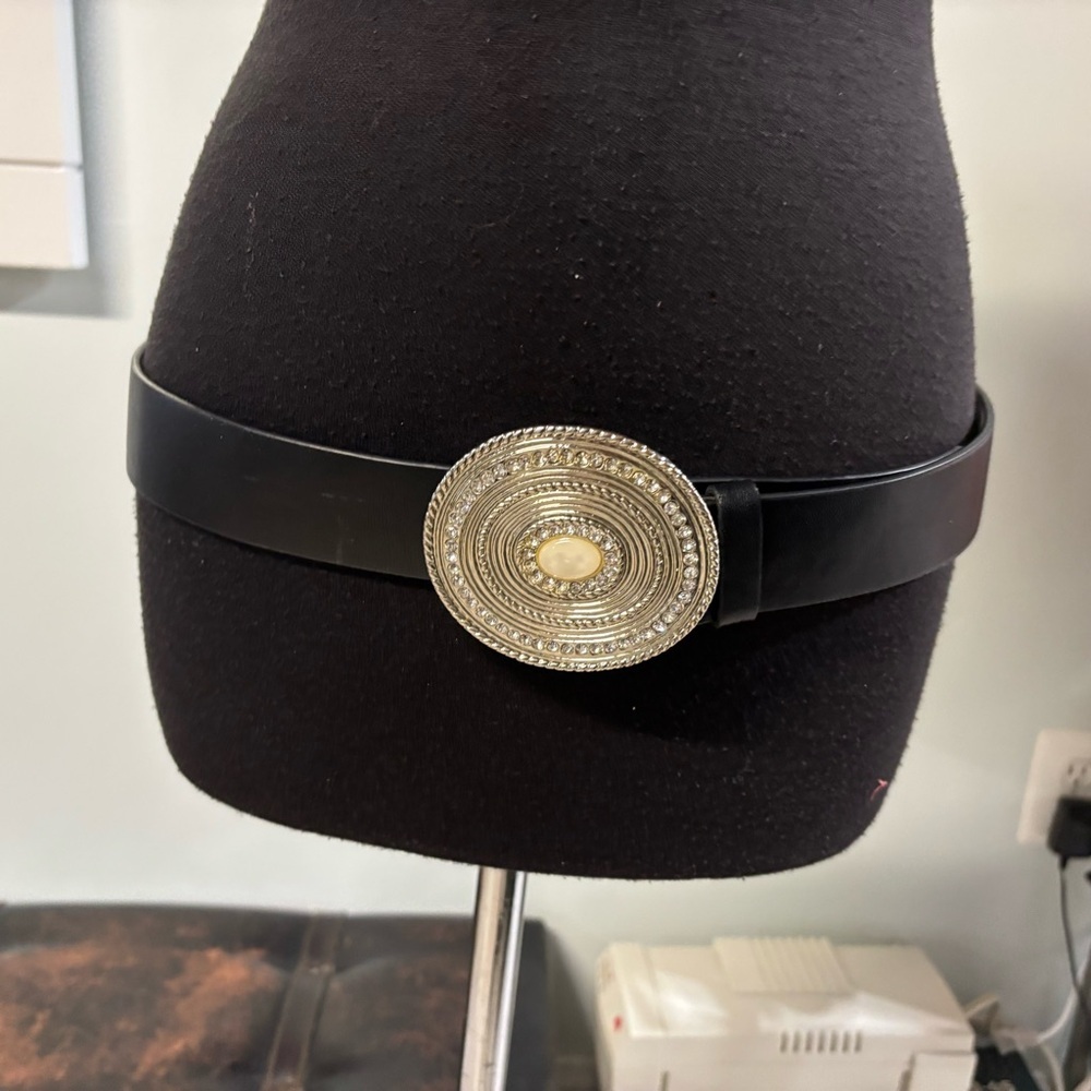 Chico's Black Leather Belt with Gold Oval Medallion Buckle